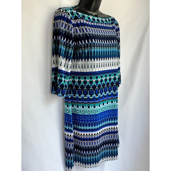 Donna Morgan Abstract Blue Dress Size 8 Geometric Artsy Multicolor 3/4 Sleeve - Picture 2 of 10